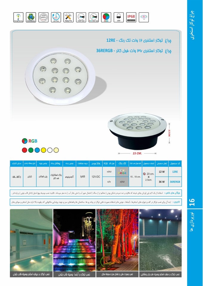 چراغ توکار استخری فول کالر 12 ولت Emax مدل 36RERGB - تصویر 2
