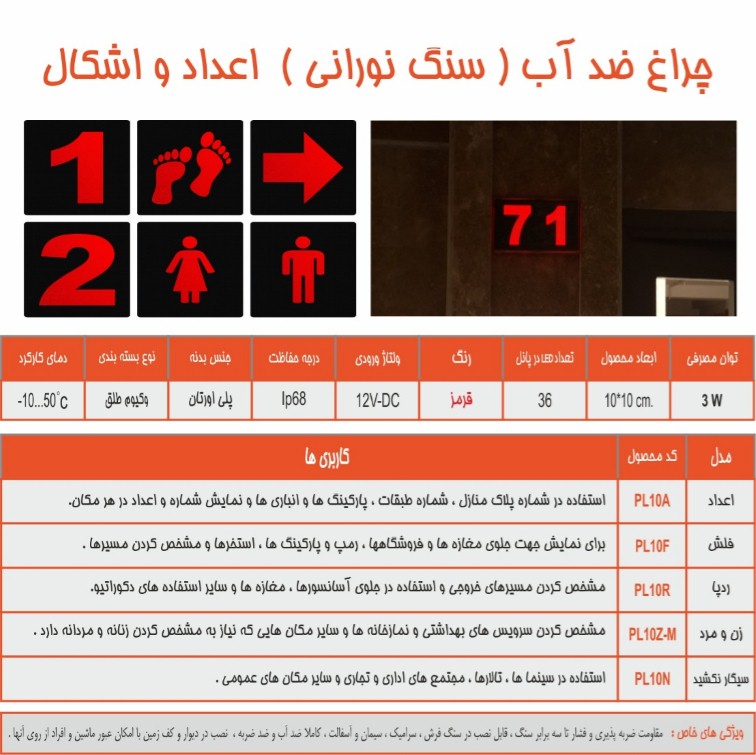 سنگ نورانی مربع ضدآب شماره8تک رنگ12ولتEmaxمدلPL108 - تصویر 2